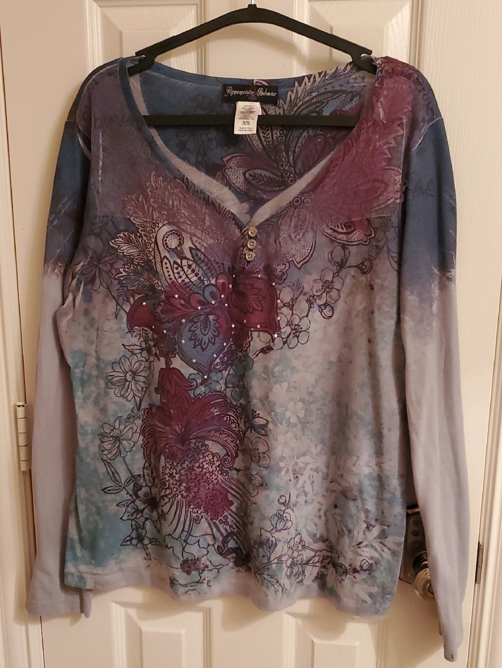 Expressive Garden V-Neck Long Sleeve Top in Purple/Blue